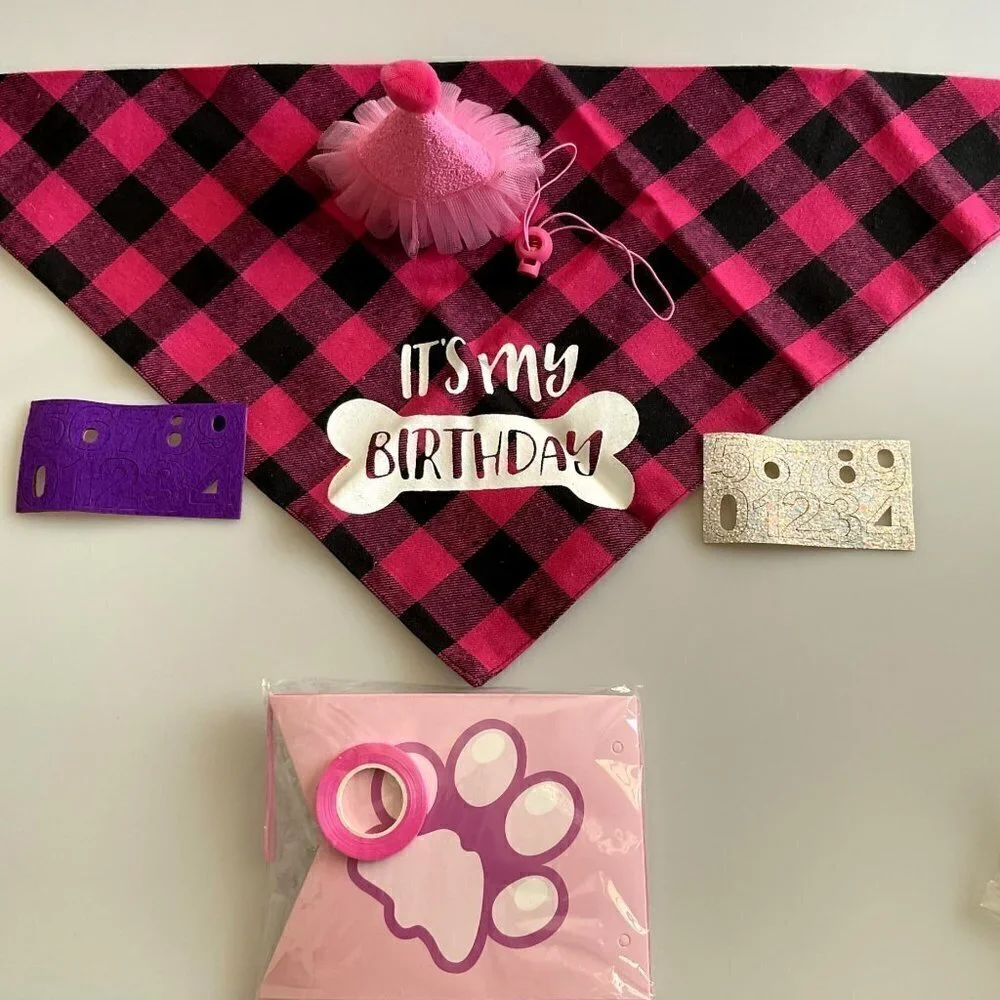HAPPY BIRTHDAY DOG BANDANA HAT BANNER PARTY SET, PINK